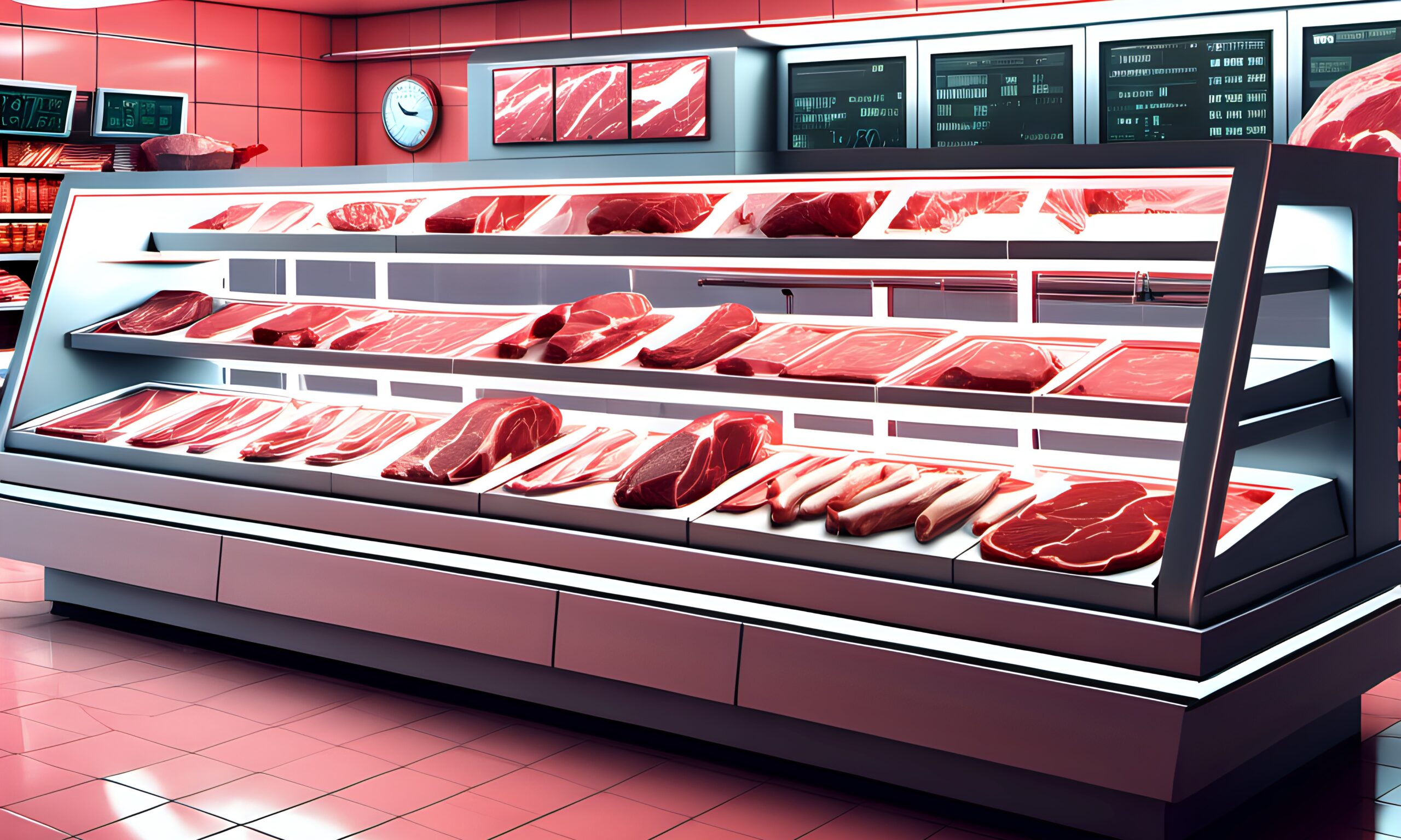 An AI illustration of a futuristic meat counter. The glass case is filled with illustrated red meats.