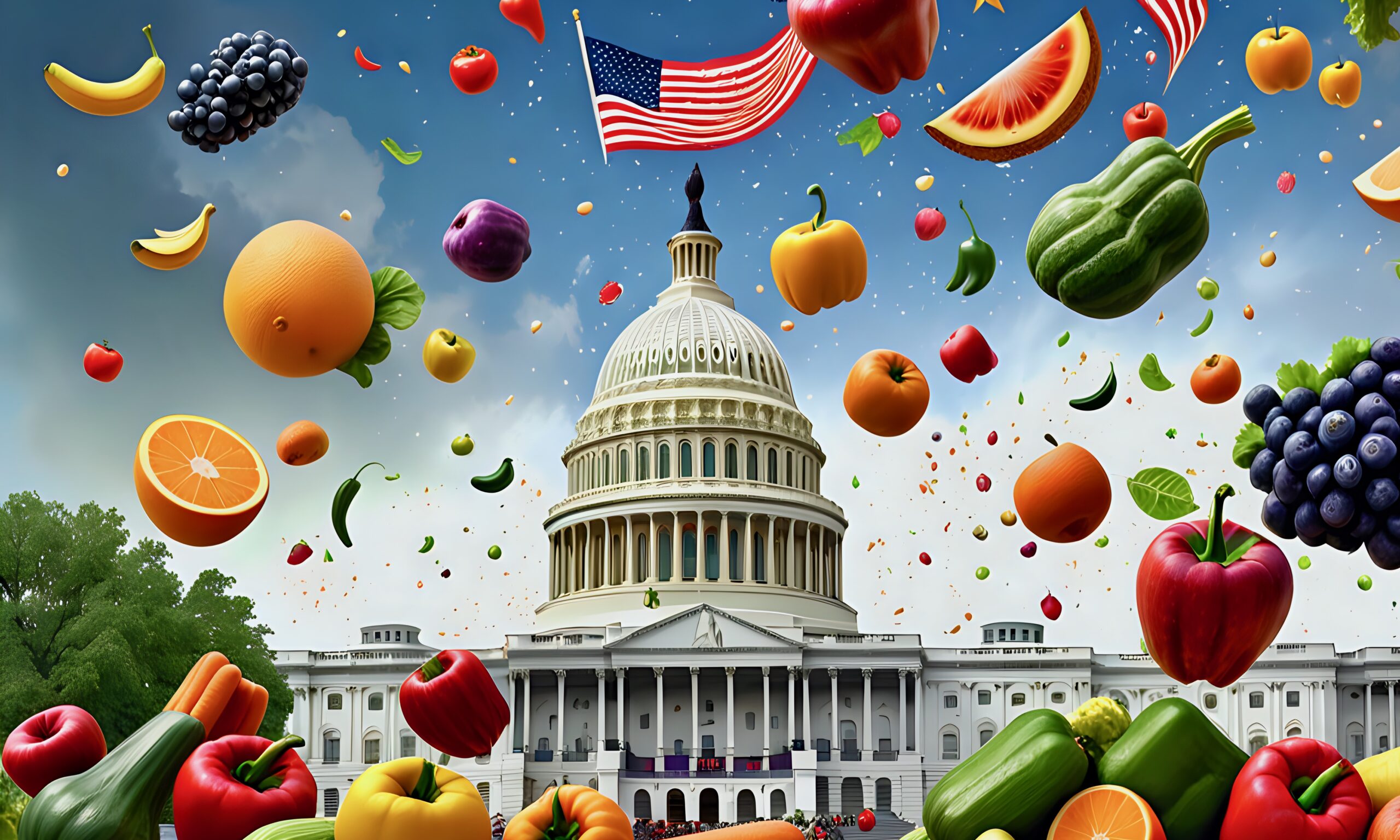 Generative AI digital image depicting the U.S. Capitol with fruits and vegetables raining from the sky. An American flag is also in the sky above the capitol building against a blue sky with light clouds.
