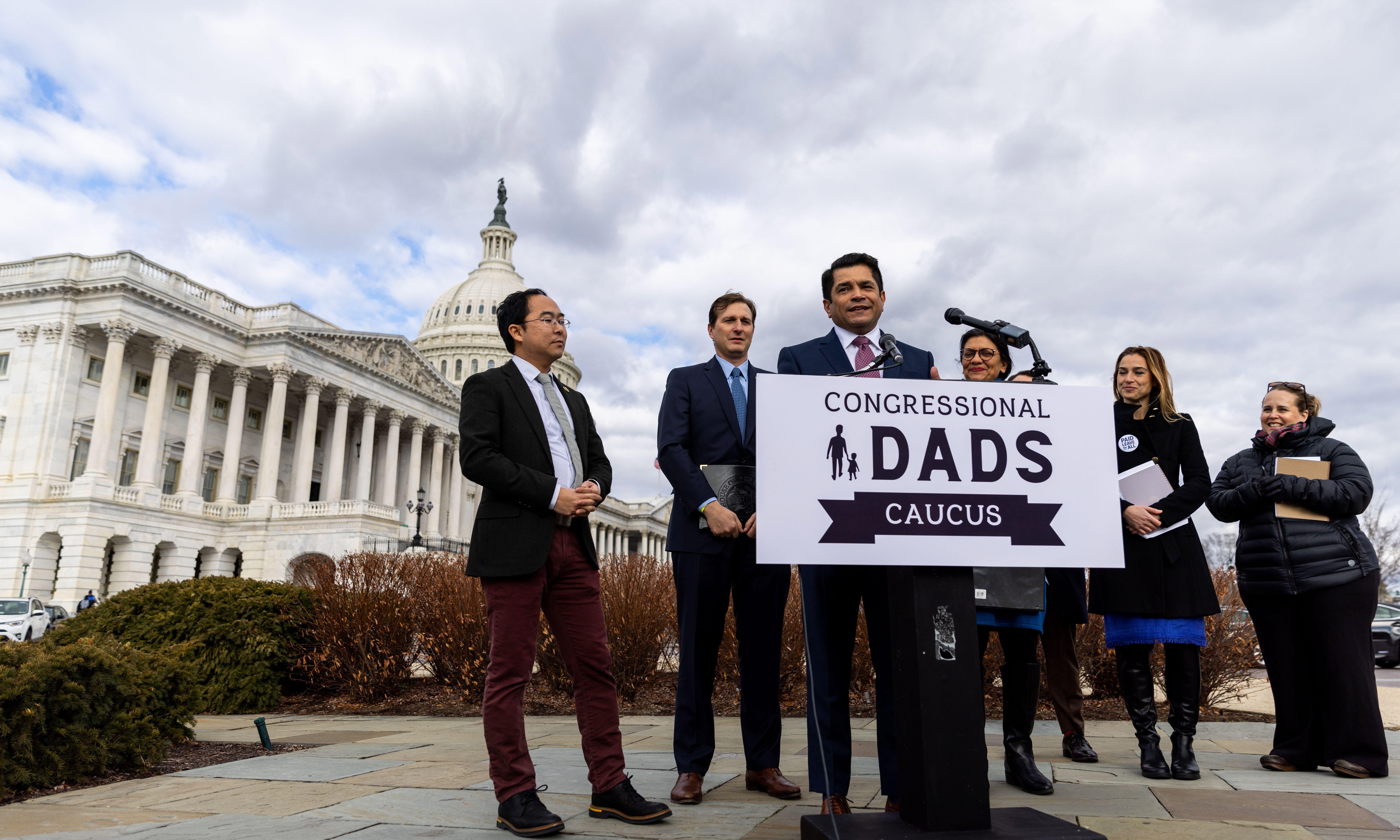 Rep. Jimmy Gomez (D-Calif.) and other lawmakers announce the Congressional Dads Caucus.