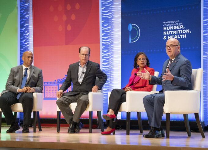 Ambassador Susan E. Rice leads a panel discussion with Chairman Jim McGovern, Senator Cory Booker, and Senator Mike Braun at the White House Conference on Hunger, Nutrition, and Health in Washington, D.C. on September 28, 2022.
