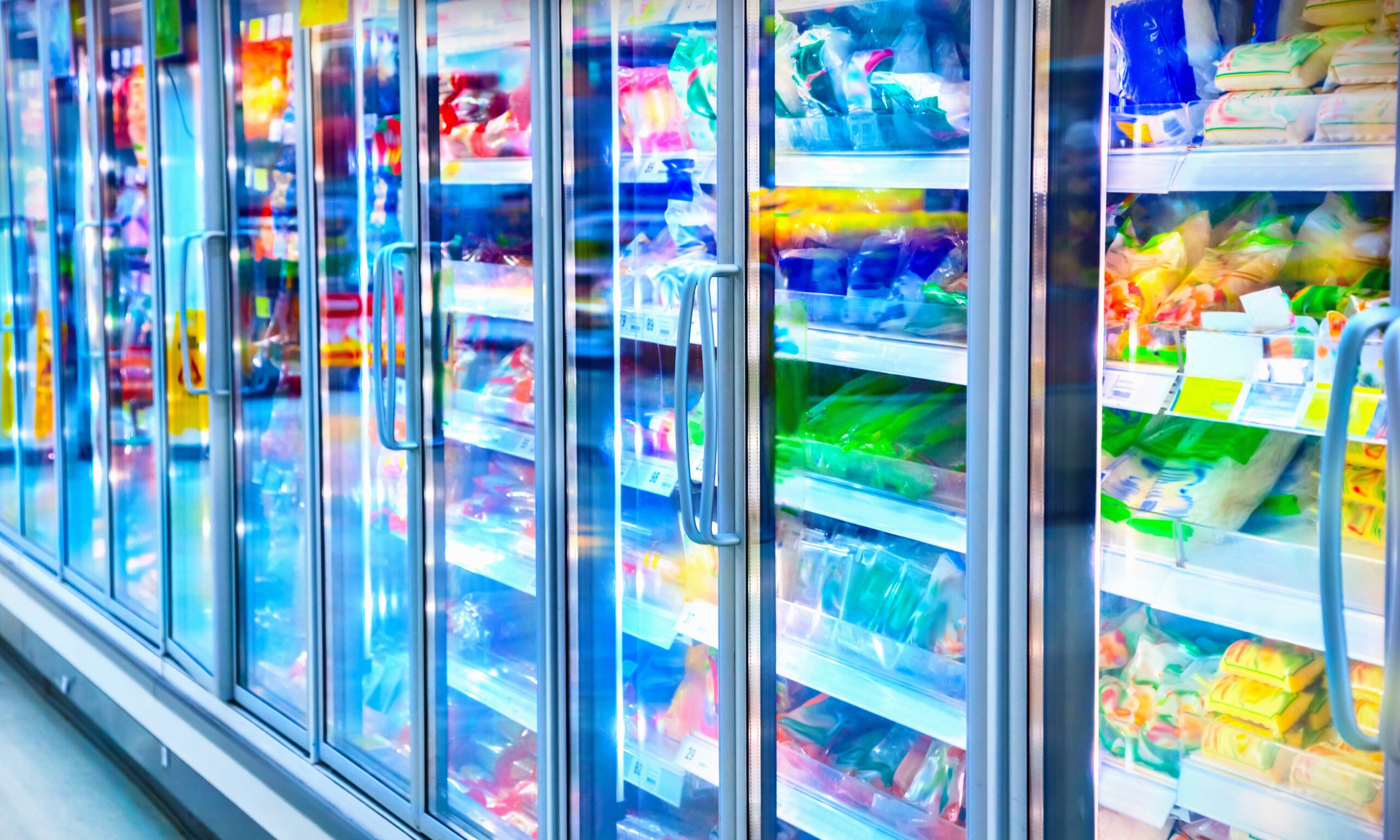 A frozen food section photograph, shot at an angle. The colors are brightened.