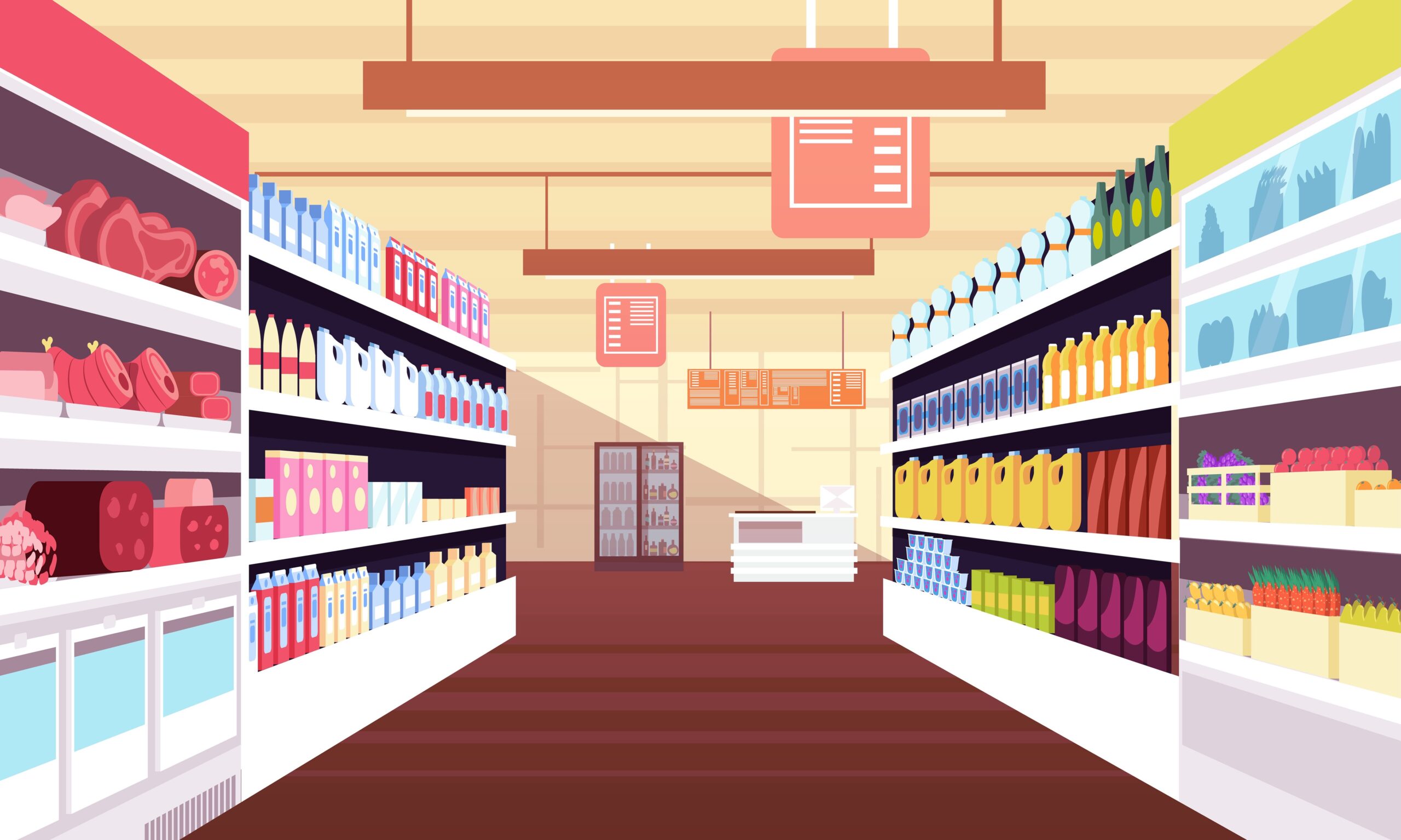 A vector image of a grocery store aisle with meats, vegetables and brand-less products depicted on the store shelves.