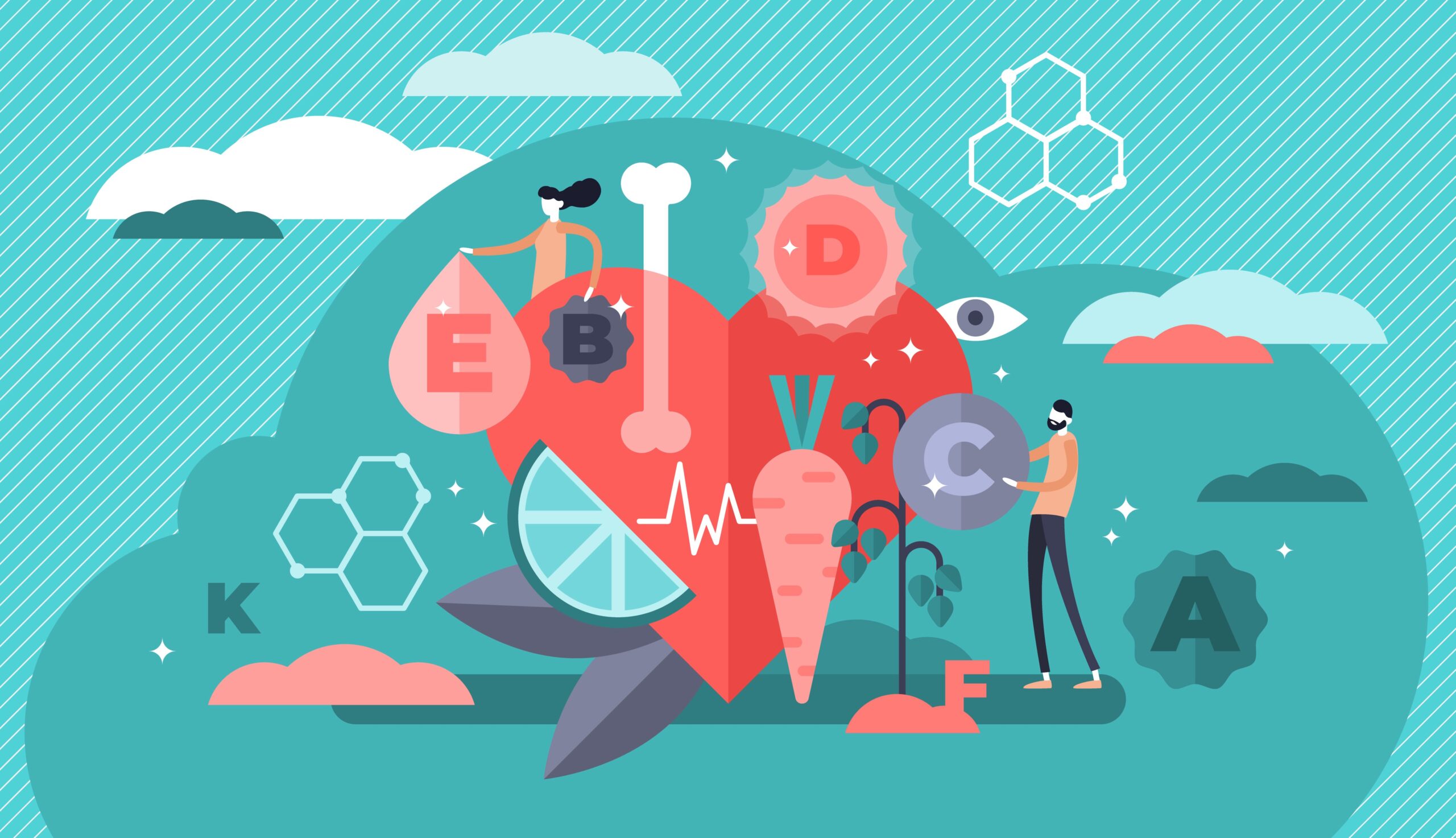 A vector illustration in multi colors against a teal backdrop. Pictured: A heart at the center, chemistry lab items, a lime wedge, and a carrot with bubbles surrounding the image.