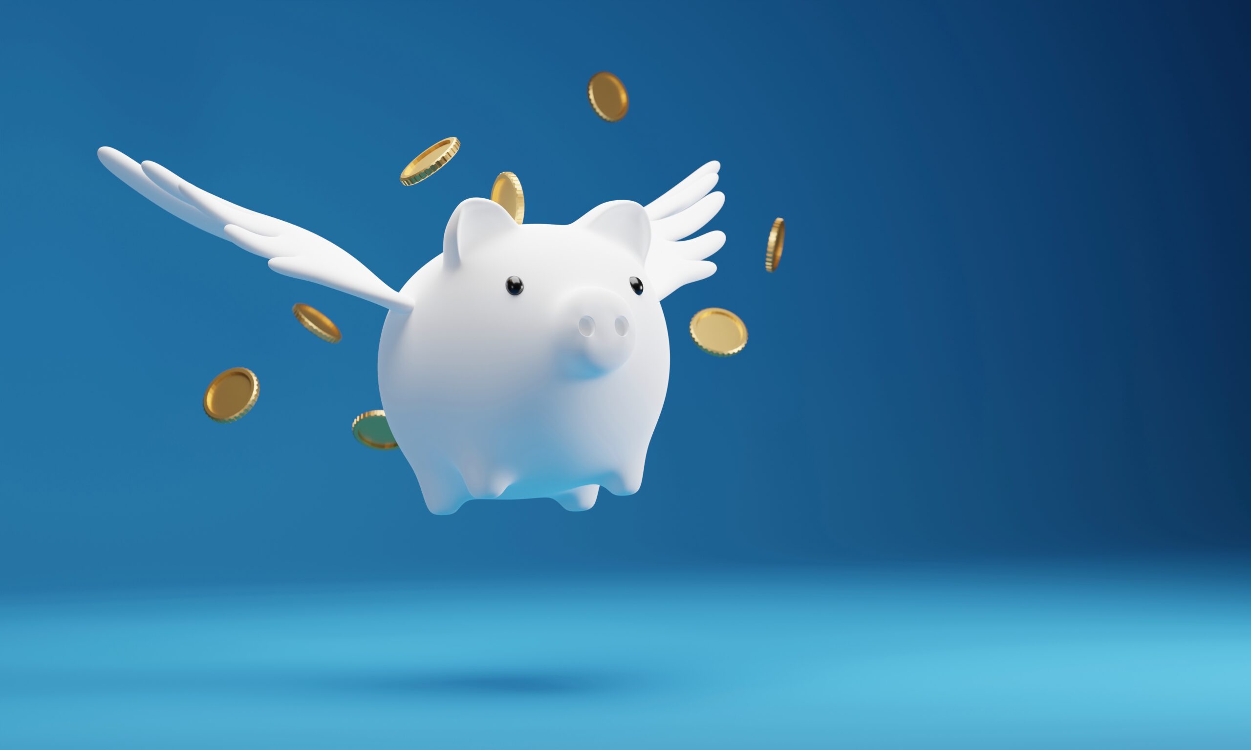 A digital image of a white piggy bank with wings floating mid-air with coins floating around it, set against a blue background.