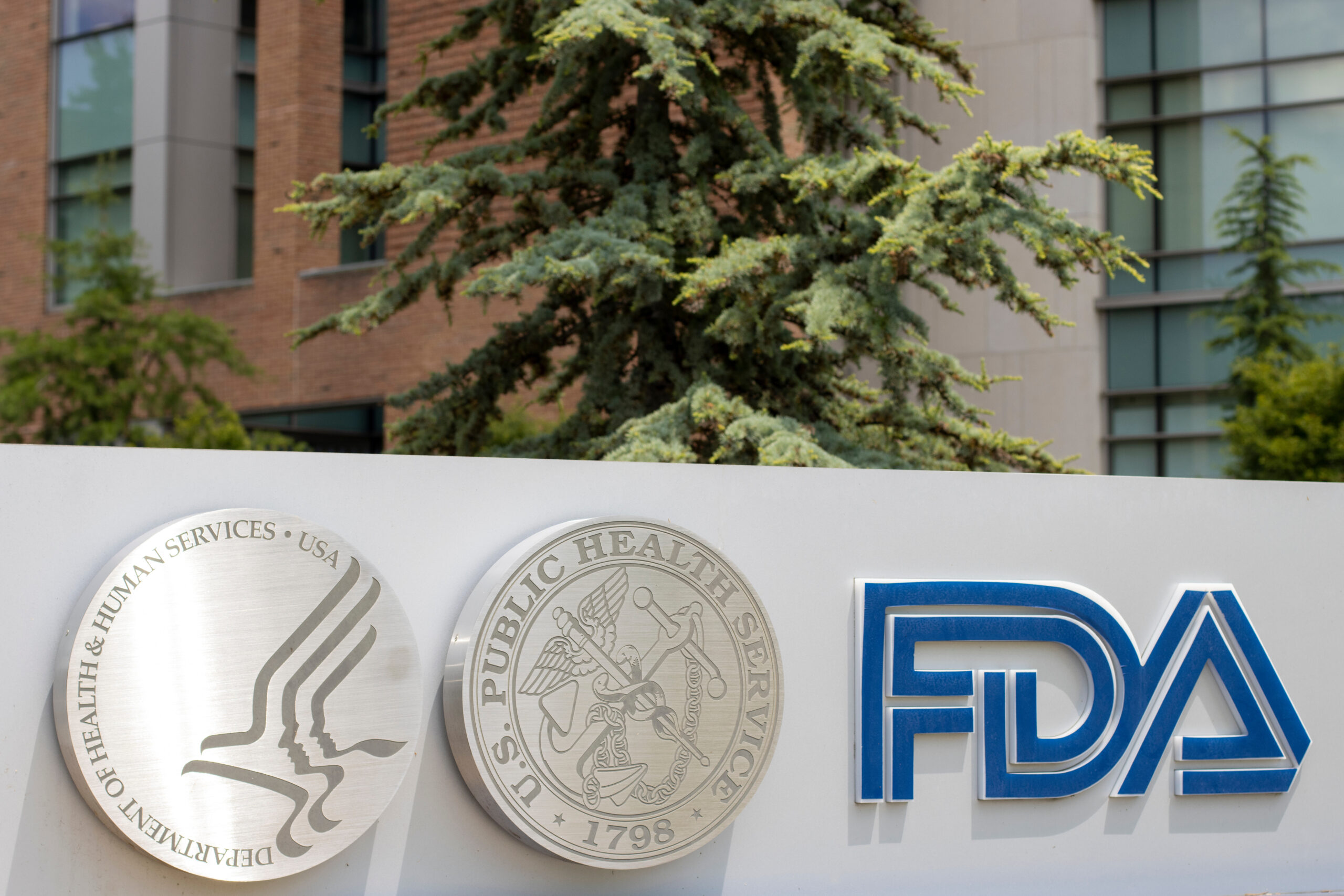 A photograph of FDA signage outside of the agency's headquarters.