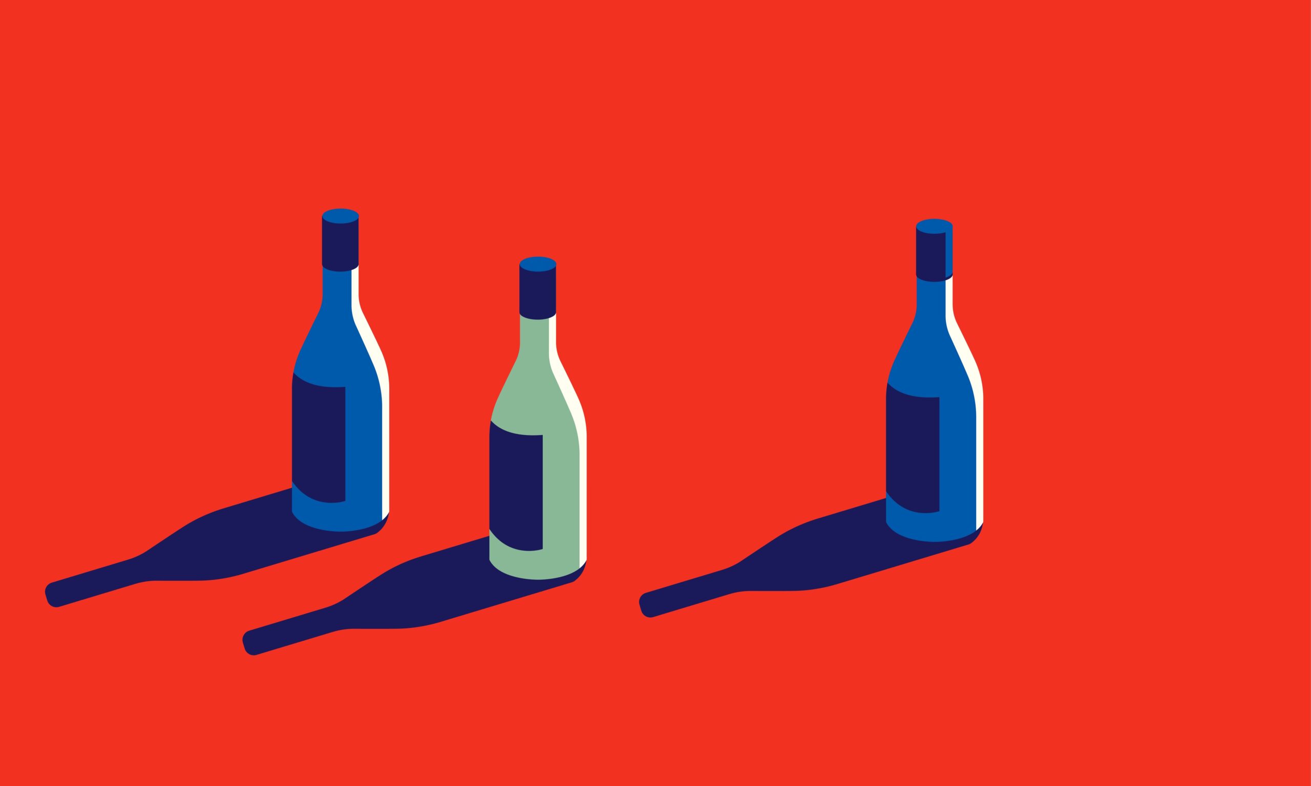 Vector illustration of colorful bottles on a red background.