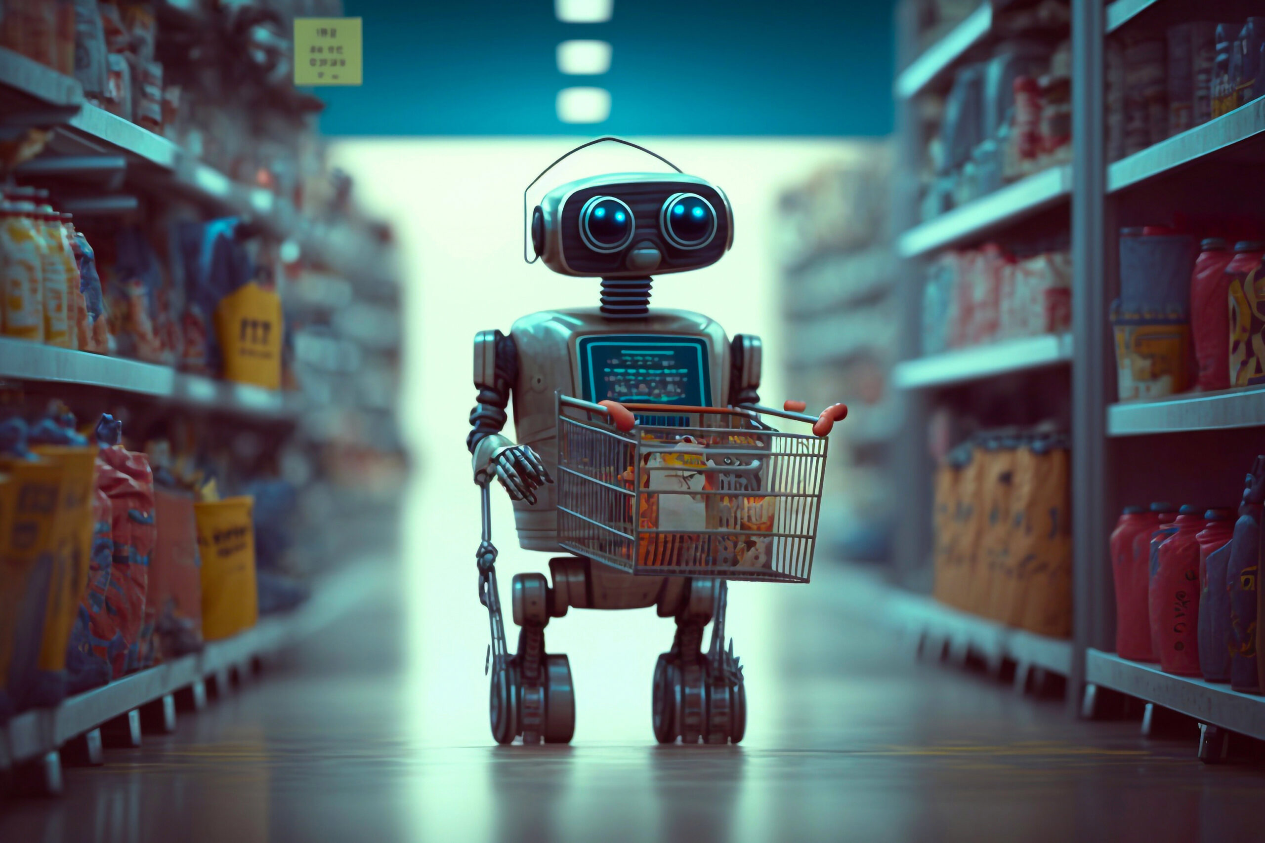 A robot is pictured with a shopping cart on its front. The robot is standing in the middle of a grocery store aisle. AI generated.