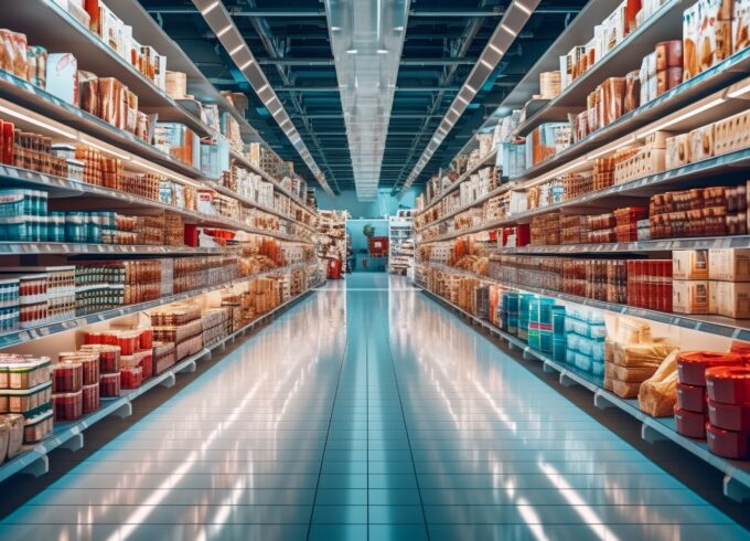 An AI generated digital image of a grocery store aisle in muted colors.