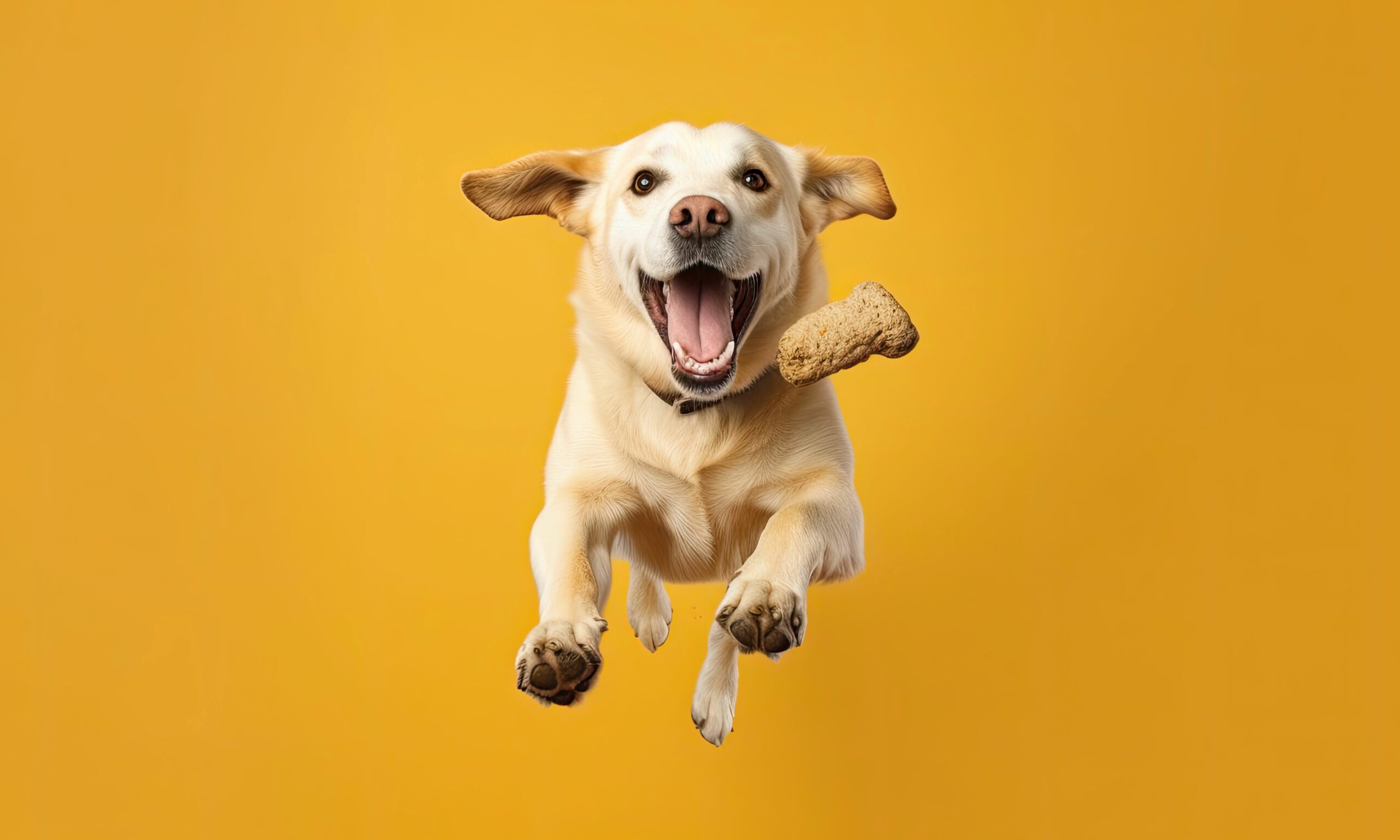 A golden lab jumping in mid-air against a yellow backdrop. The dog is jumping toward a treat that is also mid-air.