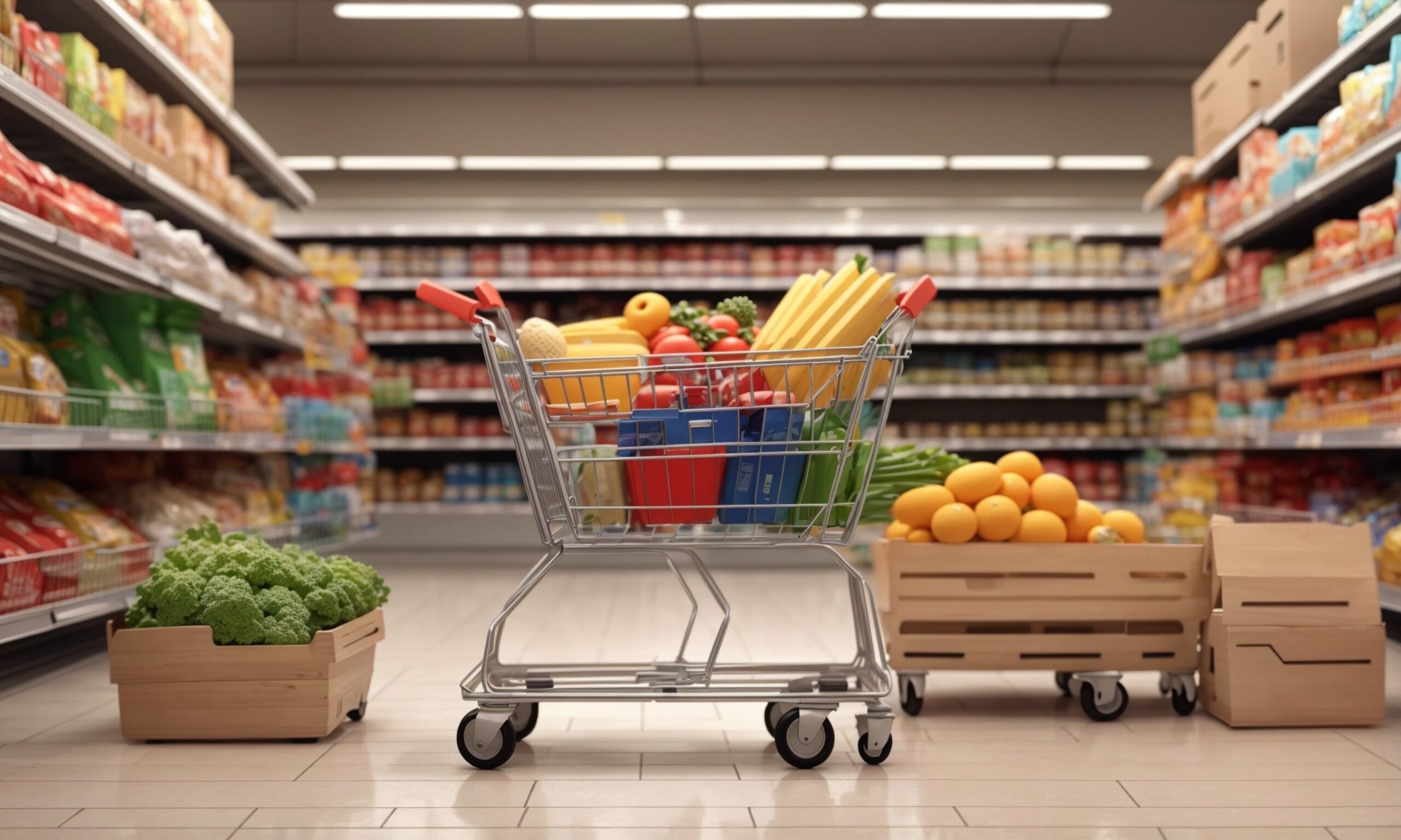 A small toy shopping cart is filled with toy foods, including baguettes and produce. There's a wooden crate of oranges sitting next to it. The scene is set in a grocery store aisle.