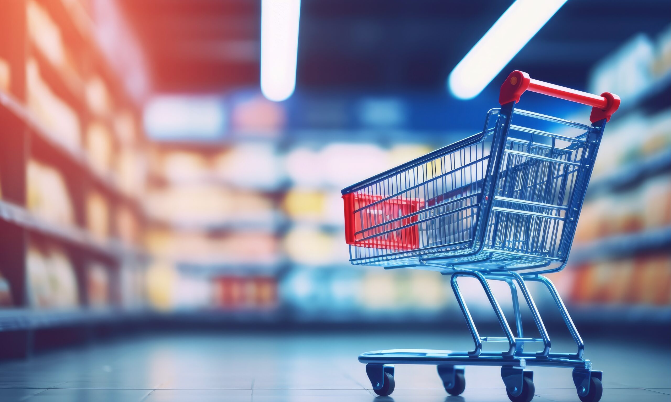 A small toy shopping cart sits in a grocery store aisle with heavily blurred background. AI generated digital art.