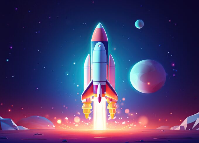 An Ai image of a multi colored rocket ship taking off with two planets in the background.
