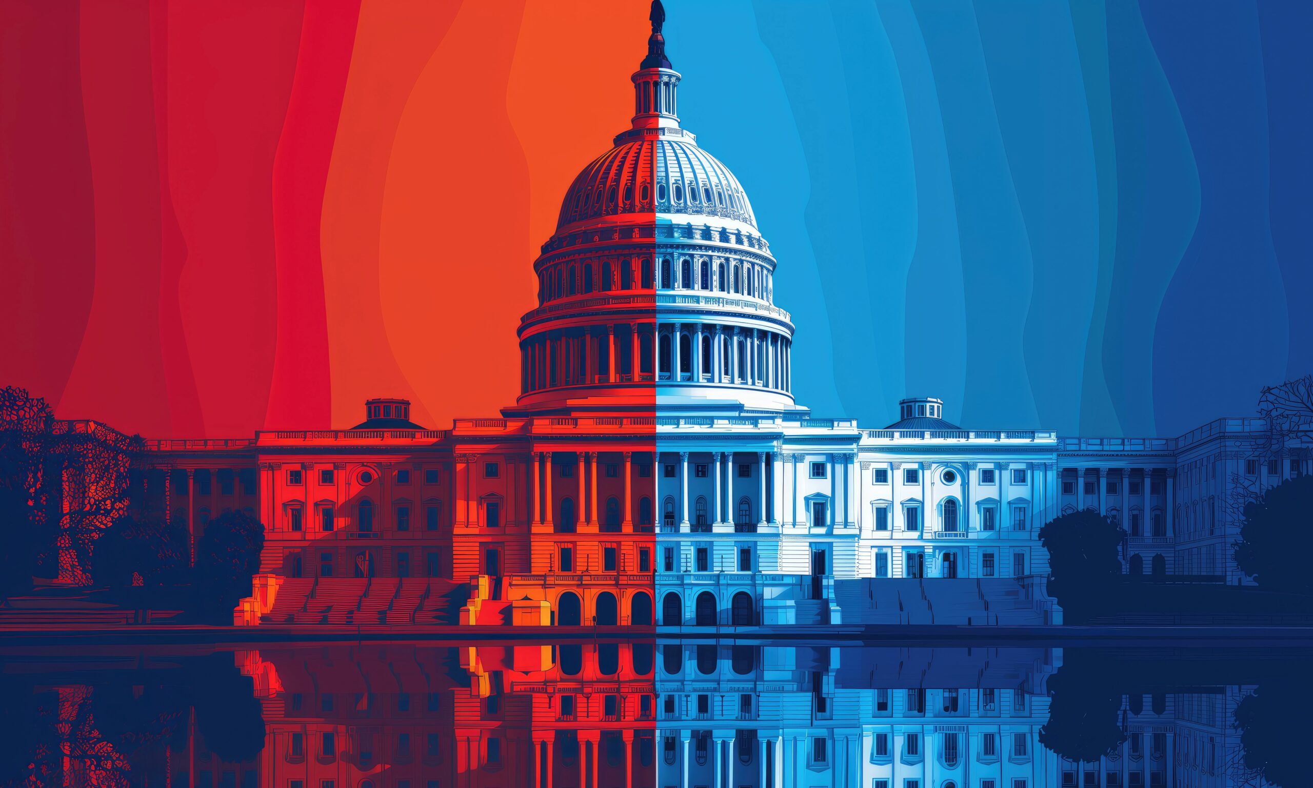 AI generated digital art of the U.S. Capitol Building half saturated with red and half saturated with blue shades to indicate partisan divide.