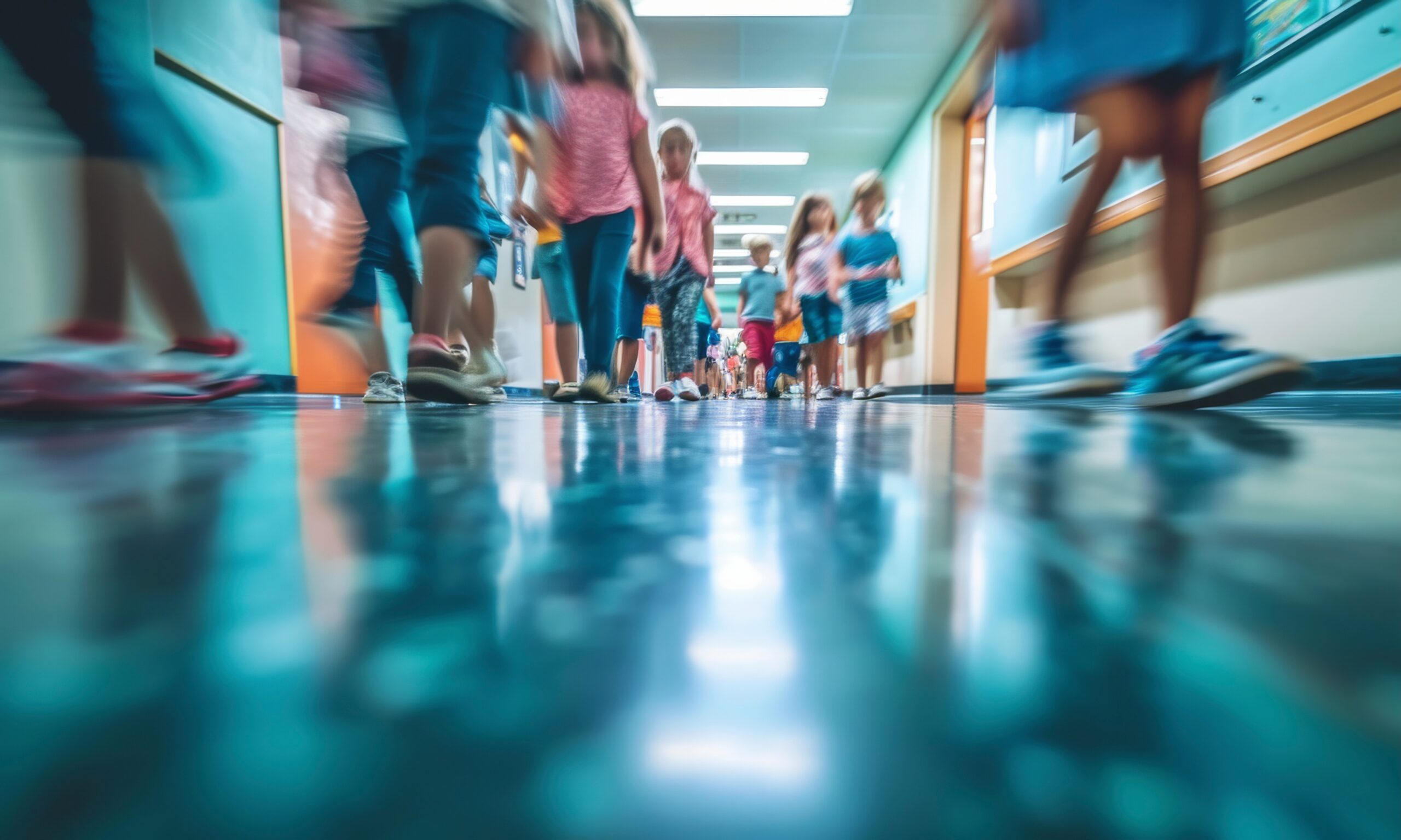A blurred school hallway with young children walking. The floor is shiny blue.