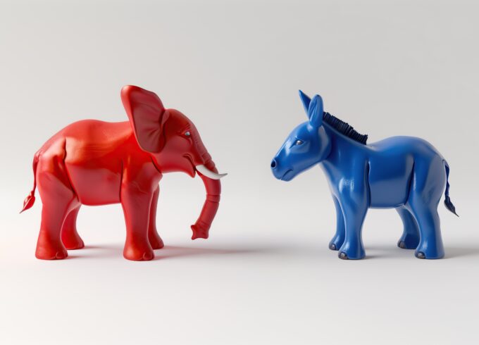 A red toy elephant faces off against a blue toy donkey. The backdrop is light grey. AI generated image.