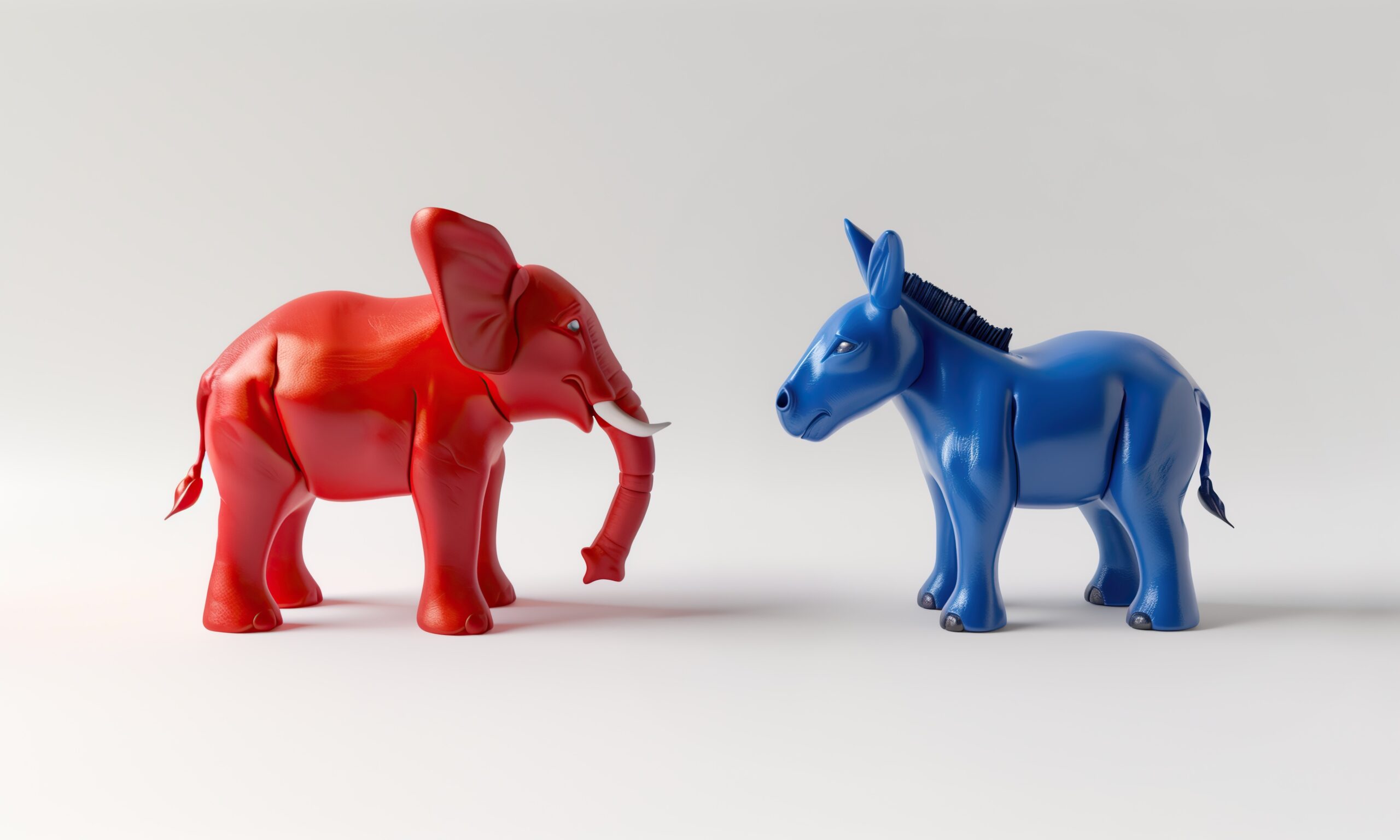 A red toy elephant faces off against a blue toy donkey. The backdrop is light grey. AI generated image.