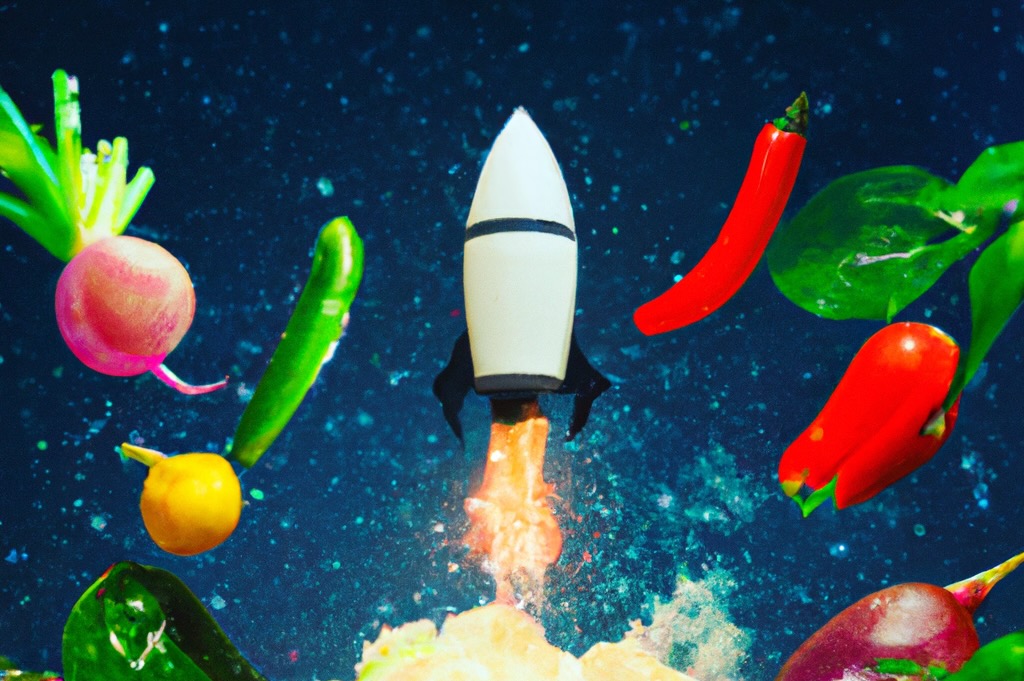 Digital art of a white rocket ship against a dark sky. The rocketship is launching surrounded by fruits and vegetables floating on both sides.