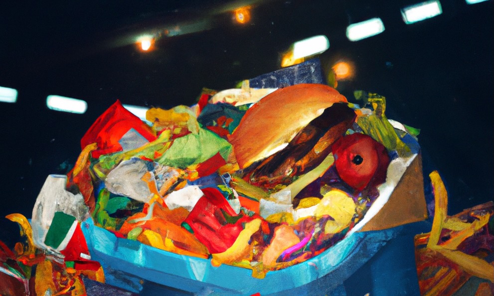 An AI-generated image of American food waste. The image shows a pile of food, including a burger, in an open trash bag.