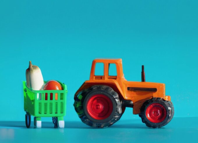 A plastic toy grocery cart full of vegetables sits next to a plastic toy tractor against a teal background.