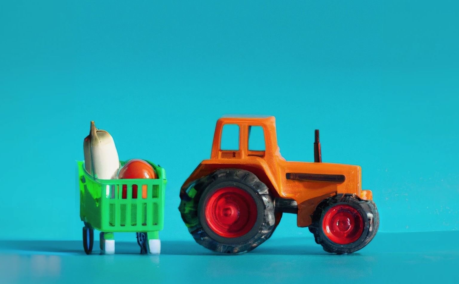A plastic toy grocery cart full of vegetables sits next to a plastic toy tractor against a teal background.