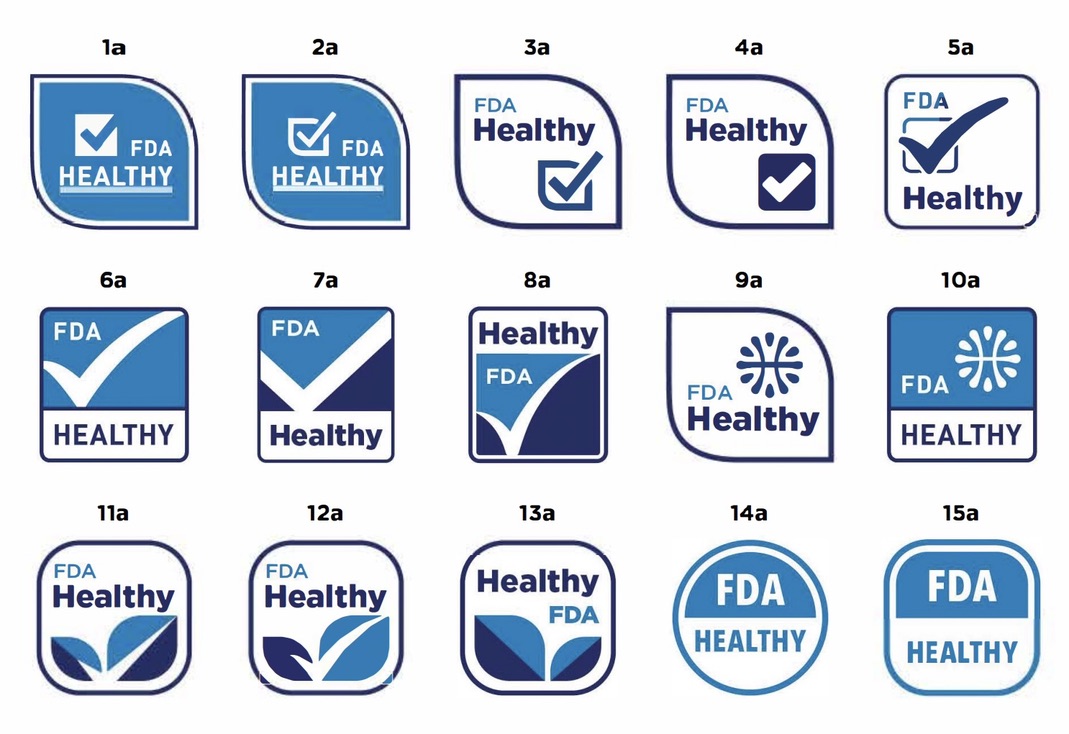 Image of Federal Drug Administration's 'Healthy' checkmark seal, labeled 1a-15a in 5x3 rows. The images are dark blue, lighter blue and white on a white background.
