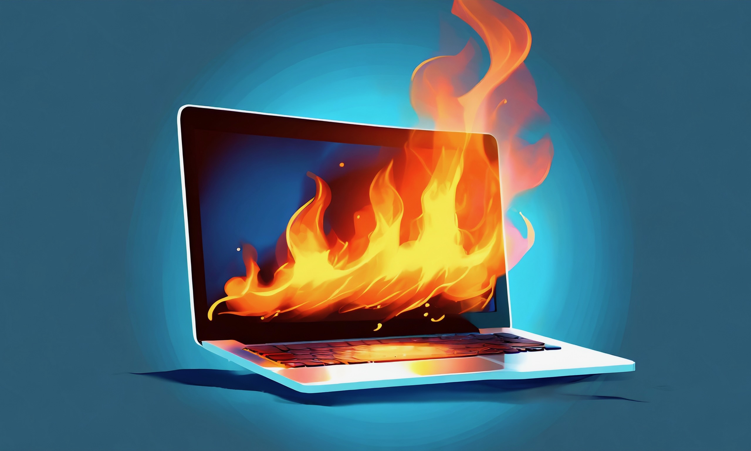 AI generated image of laptop on fire against a dark teal background.