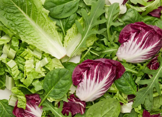 A photo of various salad greens in a pile.