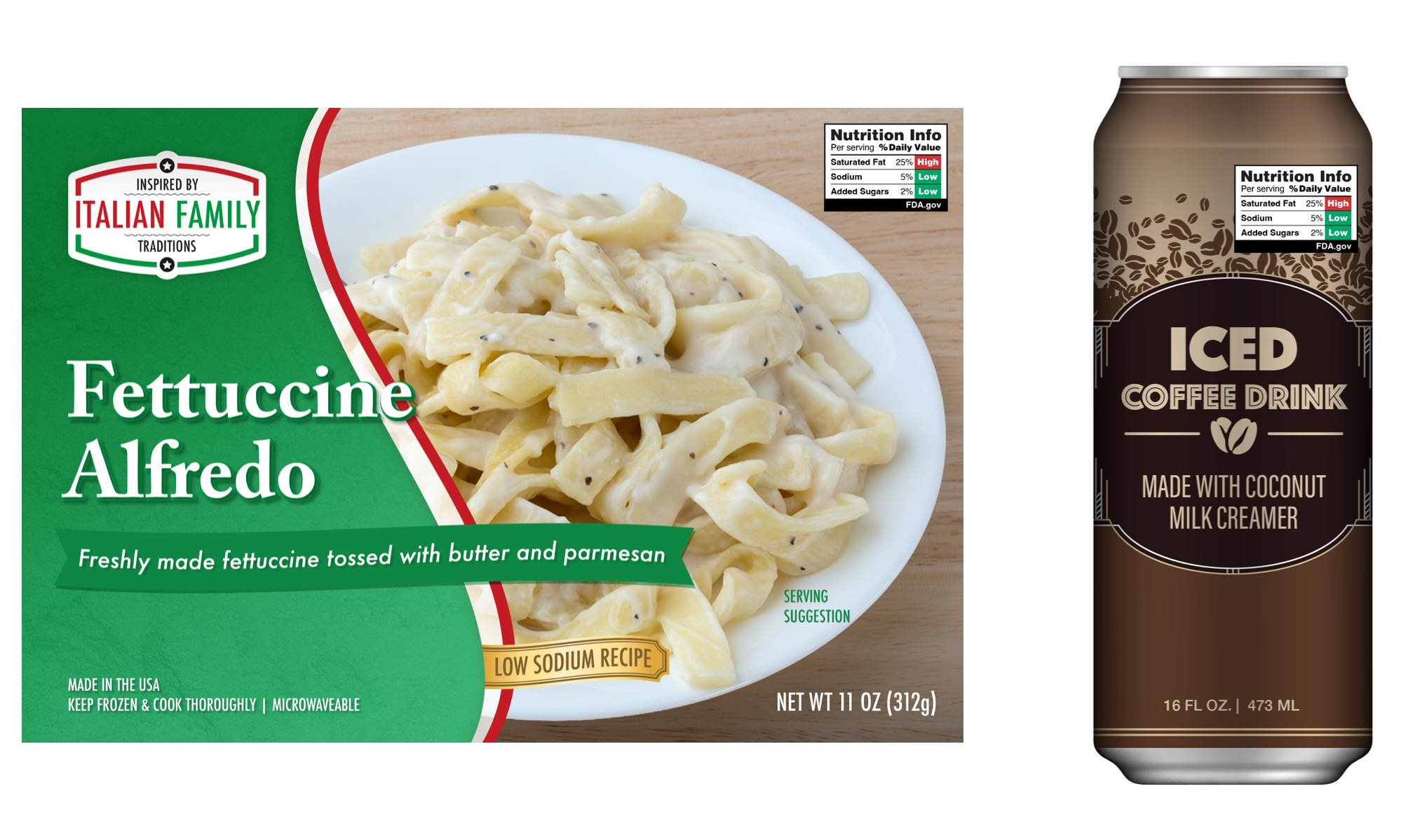 A generic box of frozen fettucine alfredo on the left bears a front of pack nutrition symbol that looks like a miniature Nutrition Facts panel. On the right, a generic canned iced coffee product bears the same label.