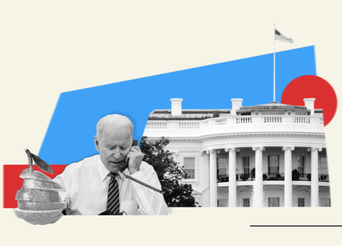 A photo collage of President Joe Biden on the phone against the backdrop of the White House, including a photo of a pear. The background has red and blue geometric shapes with a part of the white house.